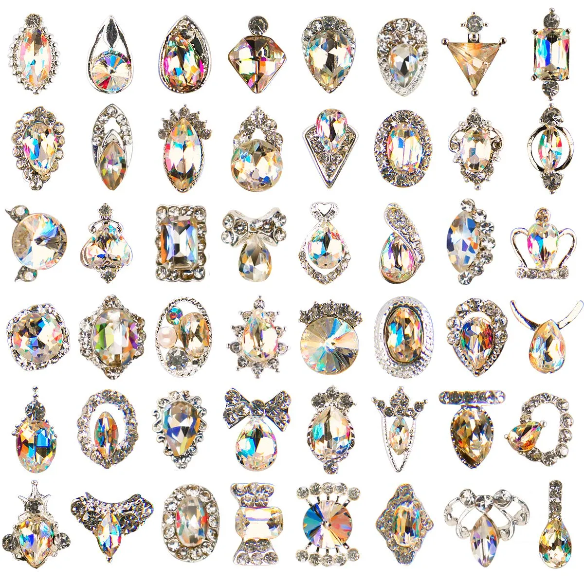 48pcs Nail Crystal AB Rhinestones, Nail Diamonds Glass Metal Gems Jewels Stones for 3D Nails Art Decoration(24 Styles)