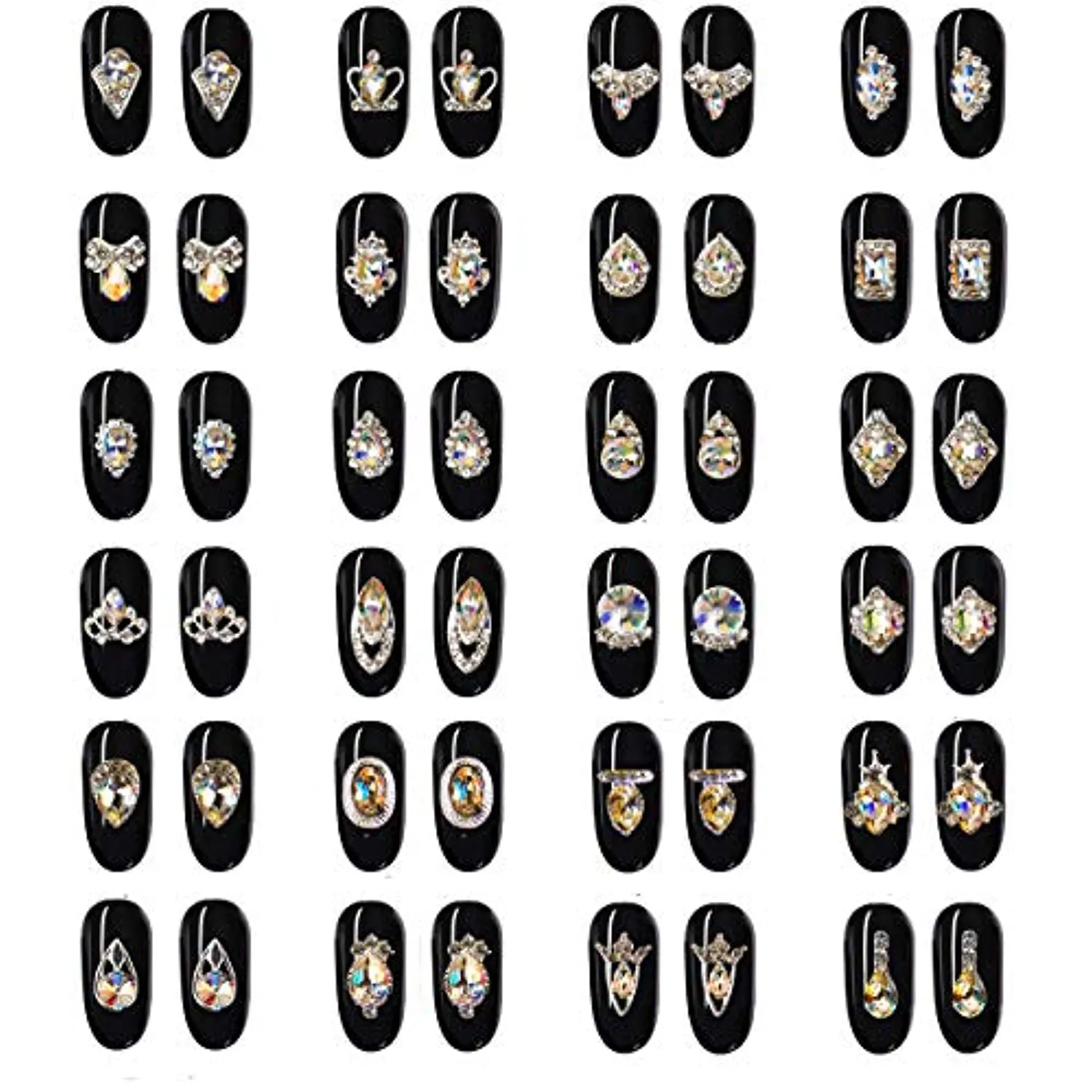 48pcs Nail Crystal AB Rhinestones, Nail Diamonds Glass Metal Gems Jewels Stones for 3D Nails Art Decoration(24 Styles)