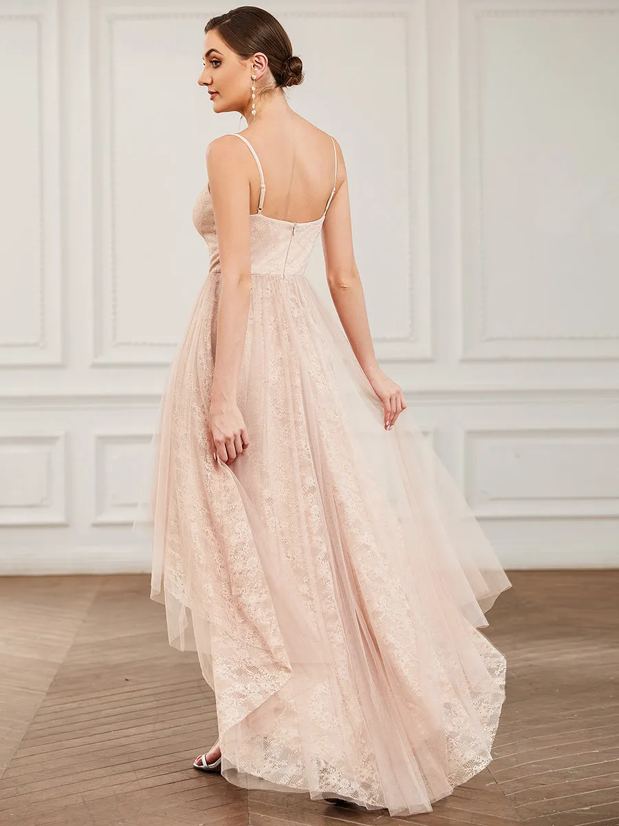 A-line V-Neck Asymmetrical Hem Bridesmaid Dress with Spaghetti Straps