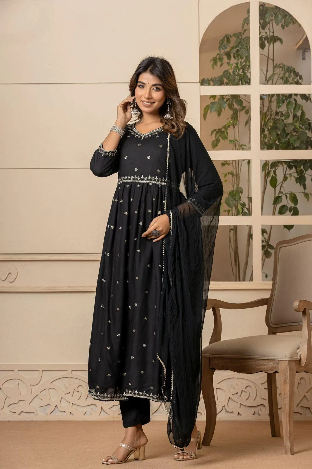 Black Rayon Flared Anarkali Set with Intricate Embroidery - Perfect for Small Occasions