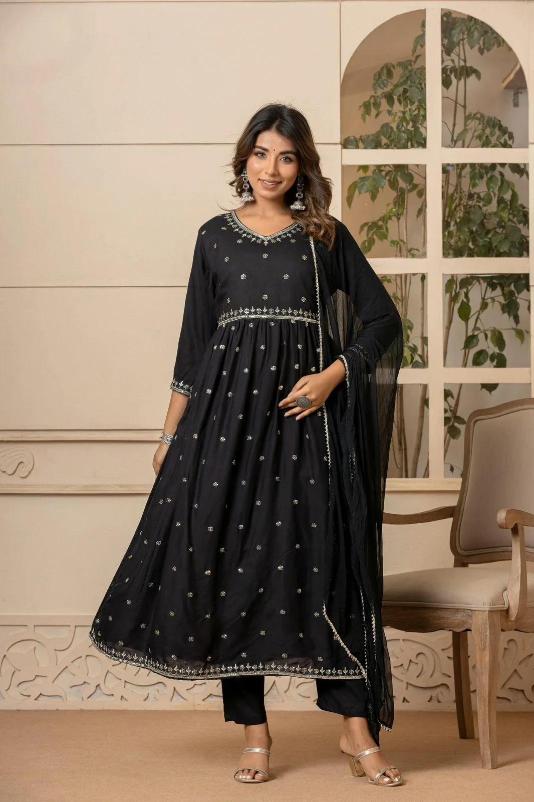 Black Rayon Flared Anarkali Set with Intricate Embroidery - Perfect for Small Occasions