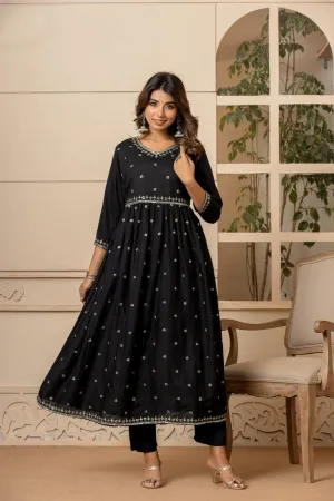 Black Rayon Flared Anarkali Set with Intricate Embroidery - Perfect for Small Occasions