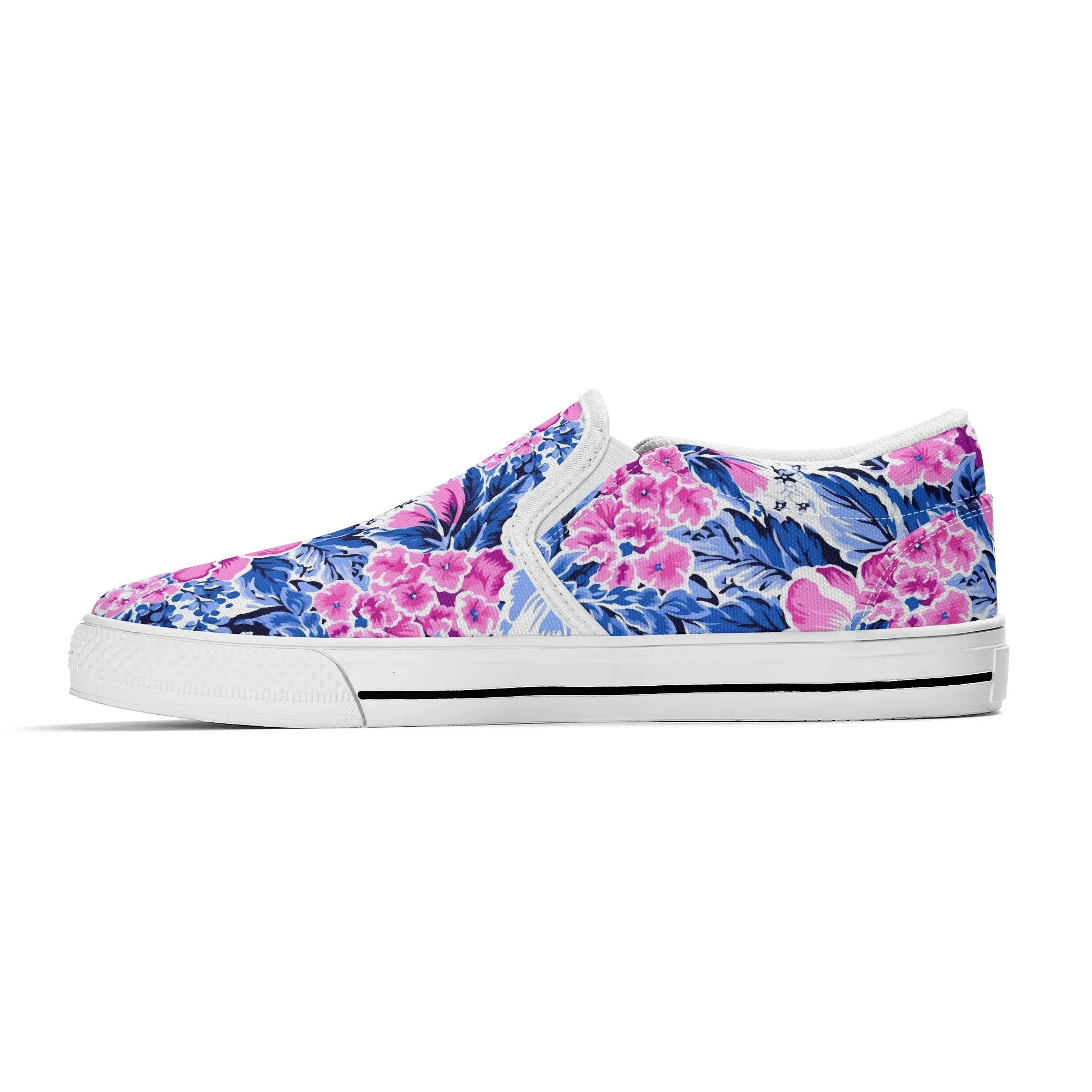 Bright Blooms: Pink and Blue Watercolor Hibiscus in Vivid Splendor Womens Canvas Slip On Shoes US5-US12