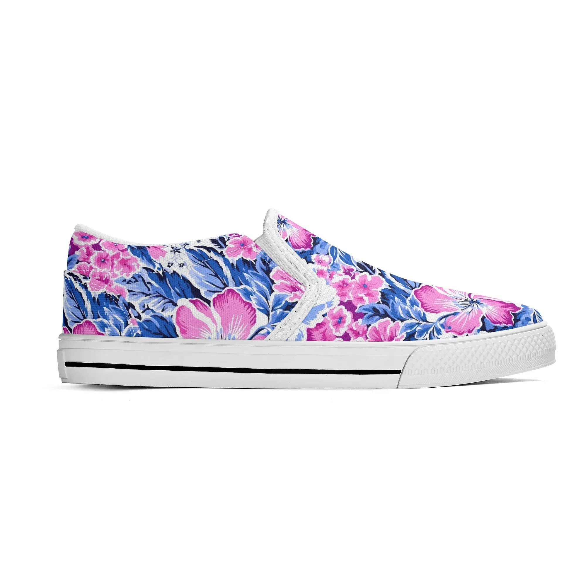 Bright Blooms: Pink and Blue Watercolor Hibiscus in Vivid Splendor Womens Canvas Slip On Shoes US5-US12