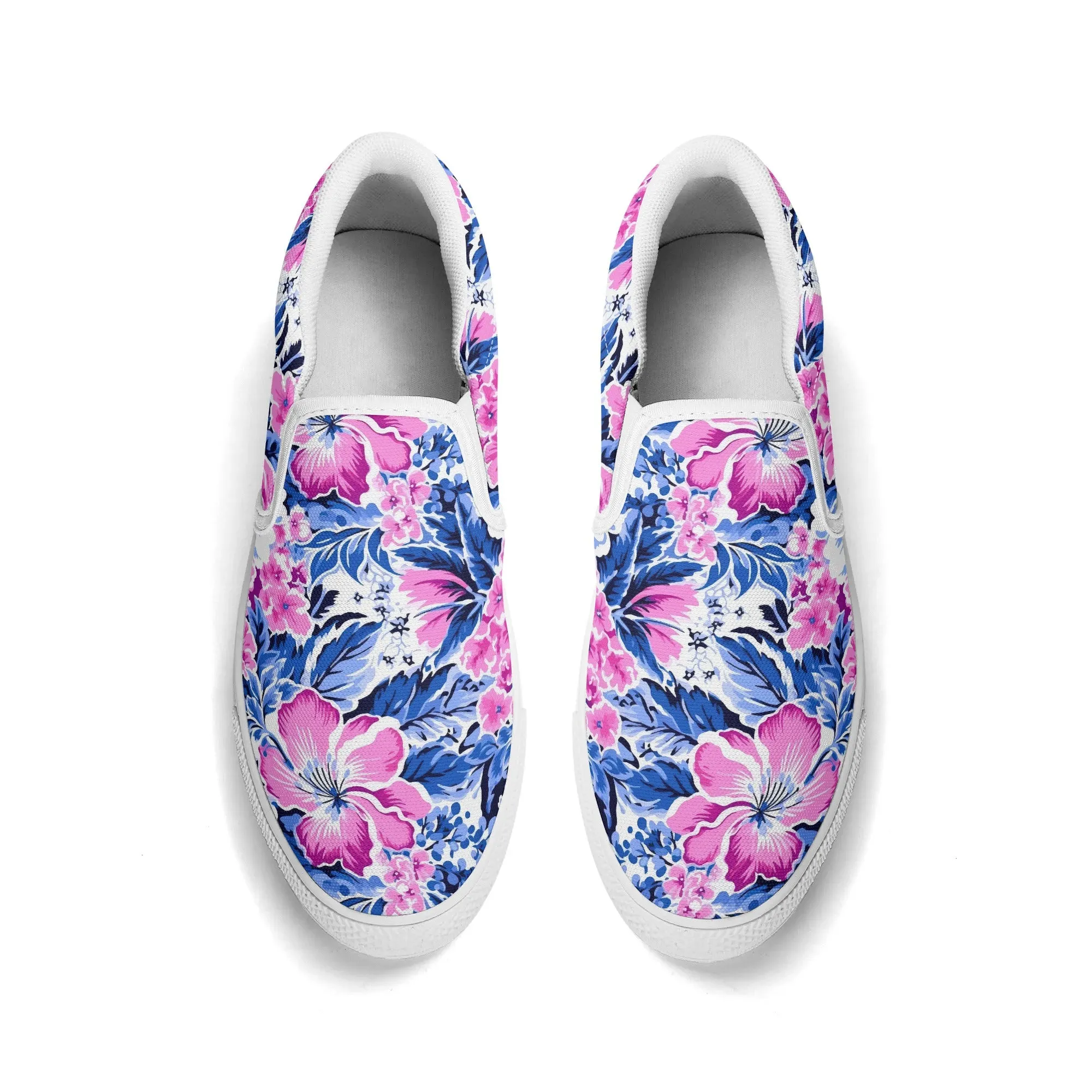 Bright Blooms: Pink and Blue Watercolor Hibiscus in Vivid Splendor Womens Canvas Slip On Shoes US5-US12