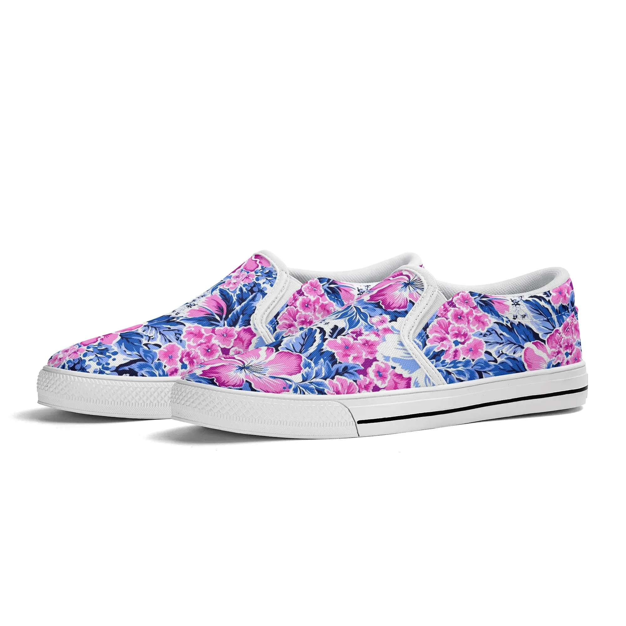 Bright Blooms: Pink and Blue Watercolor Hibiscus in Vivid Splendor Womens Canvas Slip On Shoes US5-US12