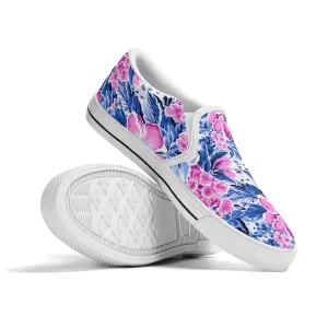 Bright Blooms: Pink and Blue Watercolor Hibiscus in Vivid Splendor Womens Canvas Slip On Shoes US5-US12