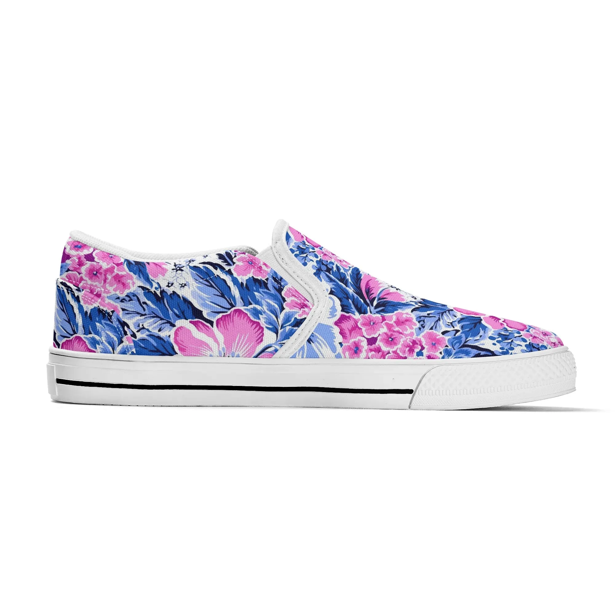 Bright Blooms: Pink and Blue Watercolor Hibiscus in Vivid Splendor Womens Canvas Slip On Shoes US5-US12
