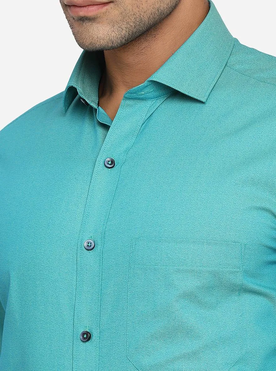 Caribbean Blue Solid Slim Fit Formal Shirt | Greenfibre