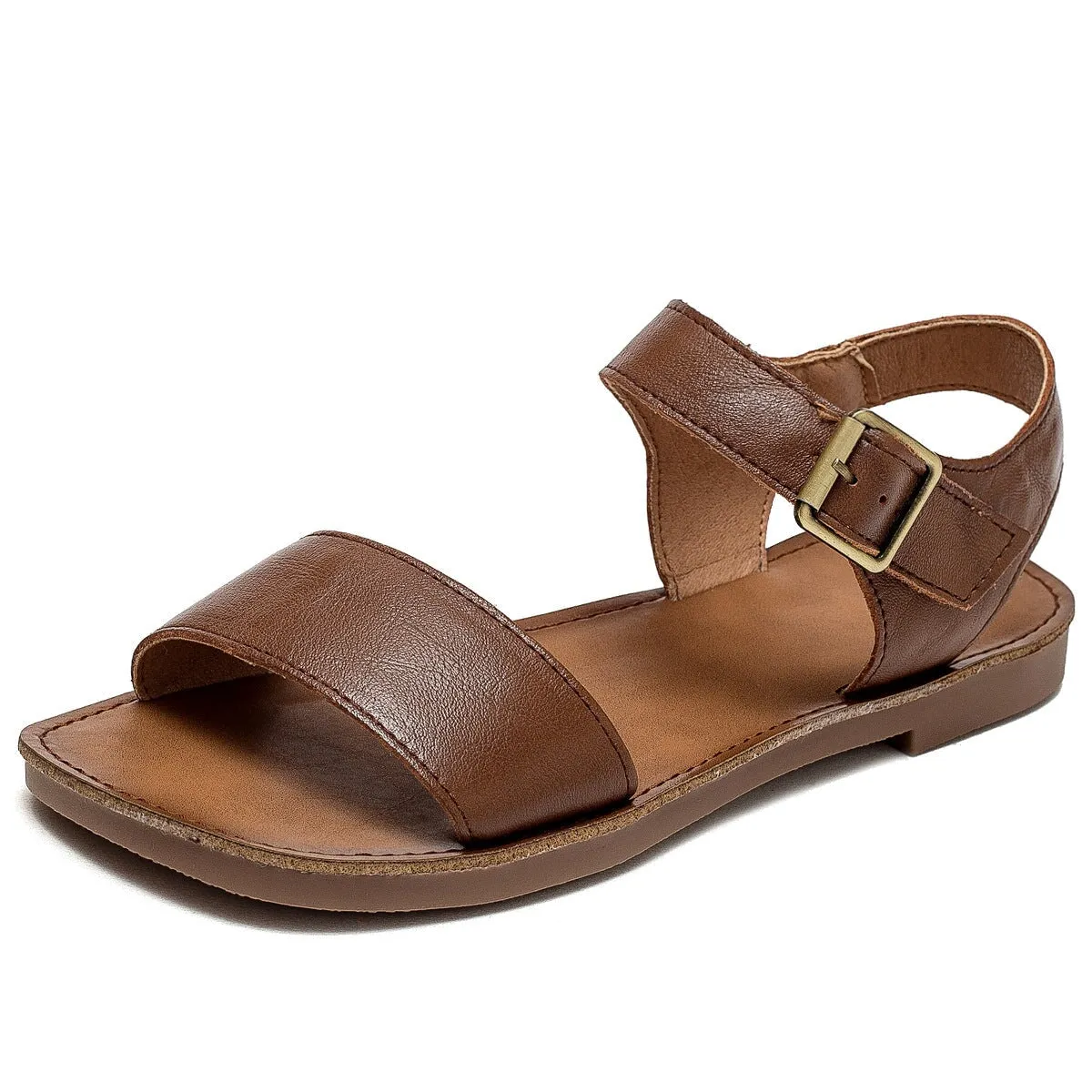 Classic Leather Sandals for Women Flat Ankle Strap Side Buckle in Brown/Beige/Green