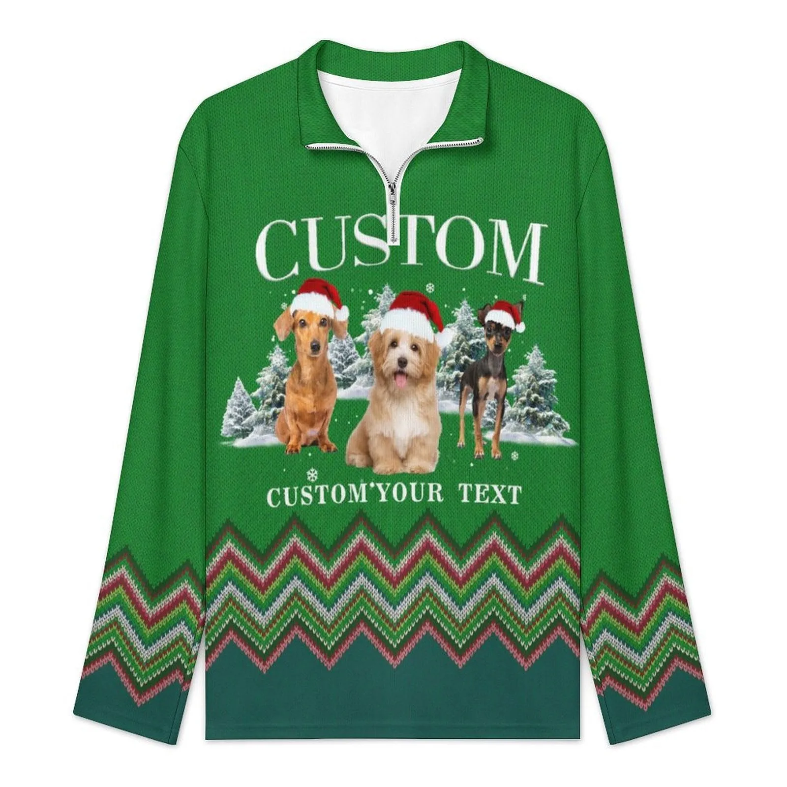 Custom Pet Photo Green Long Sleeve Men's Sweater Polos for Christmas