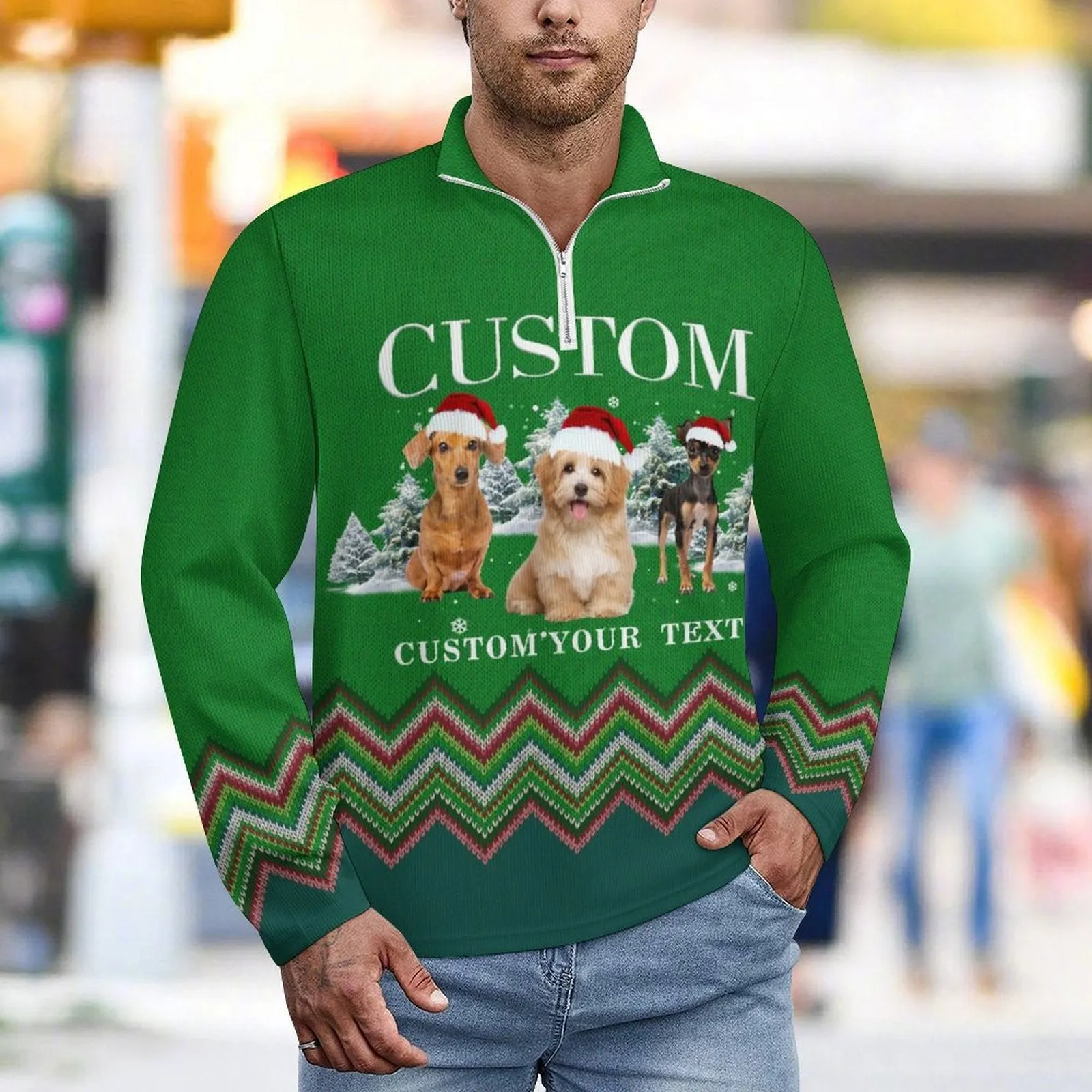 Custom Pet Photo Green Long Sleeve Men's Sweater Polos for Christmas