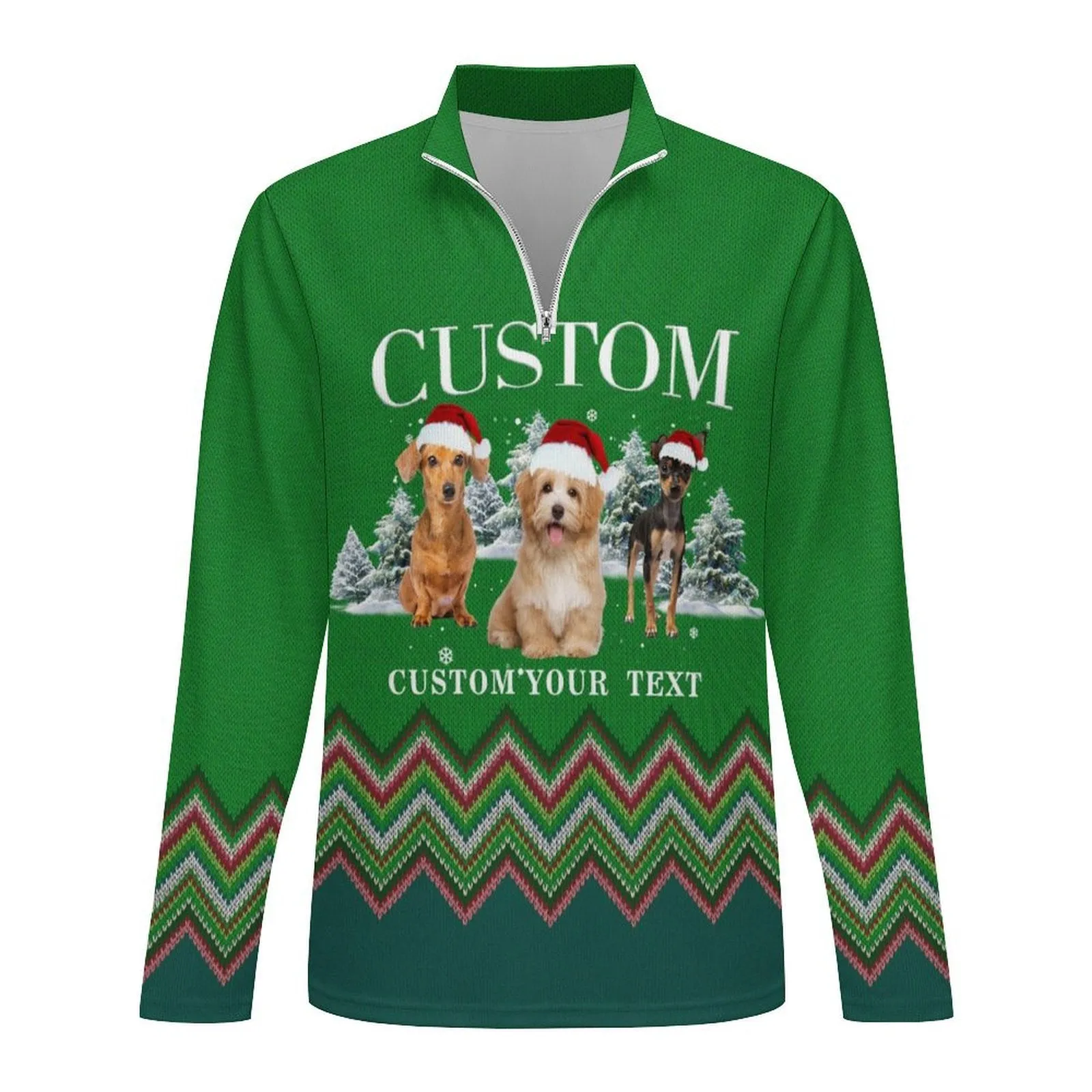 Custom Pet Photo Green Long Sleeve Men's Sweater Polos for Christmas