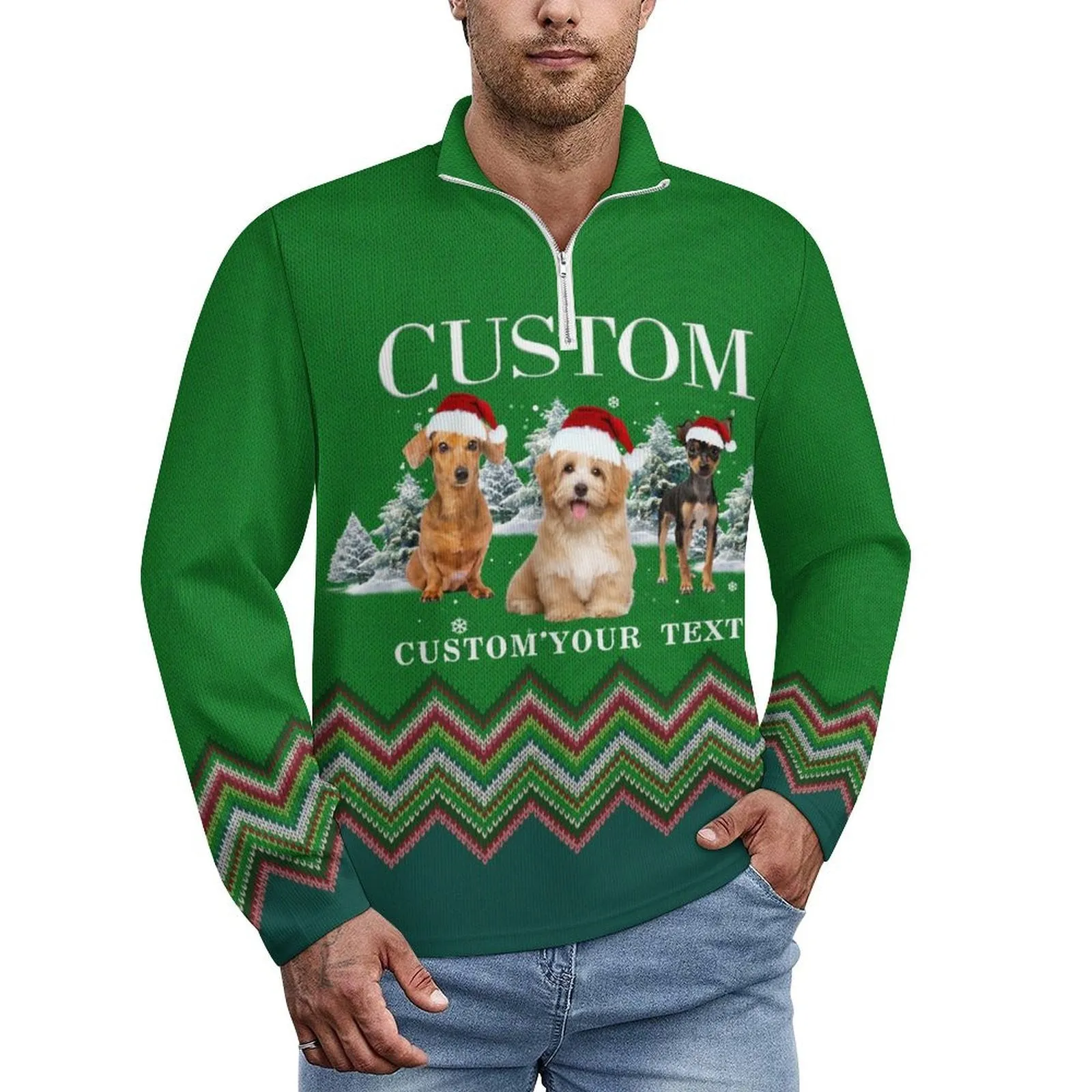 Custom Pet Photo Green Long Sleeve Men's Sweater Polos for Christmas