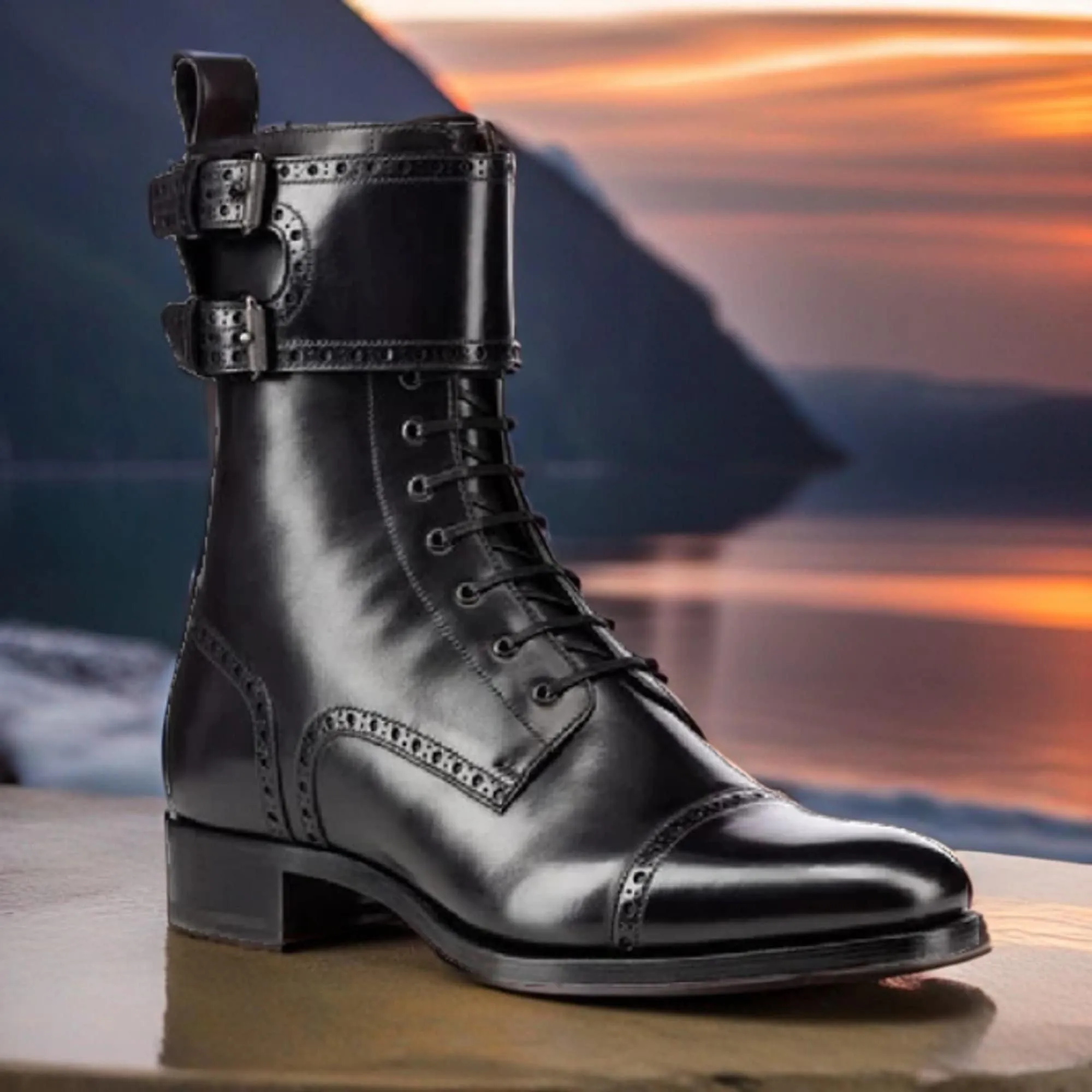 Double Buckle Charm: Men's Genuine Black Leather Ankle High Long Boots with Lace-Up Detail - Elevated Men's Style