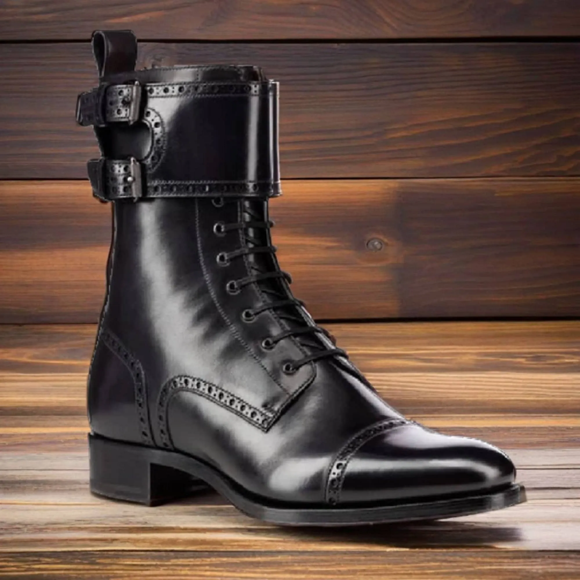 Double Buckle Charm: Men's Genuine Black Leather Ankle High Long Boots with Lace-Up Detail - Elevated Men's Style