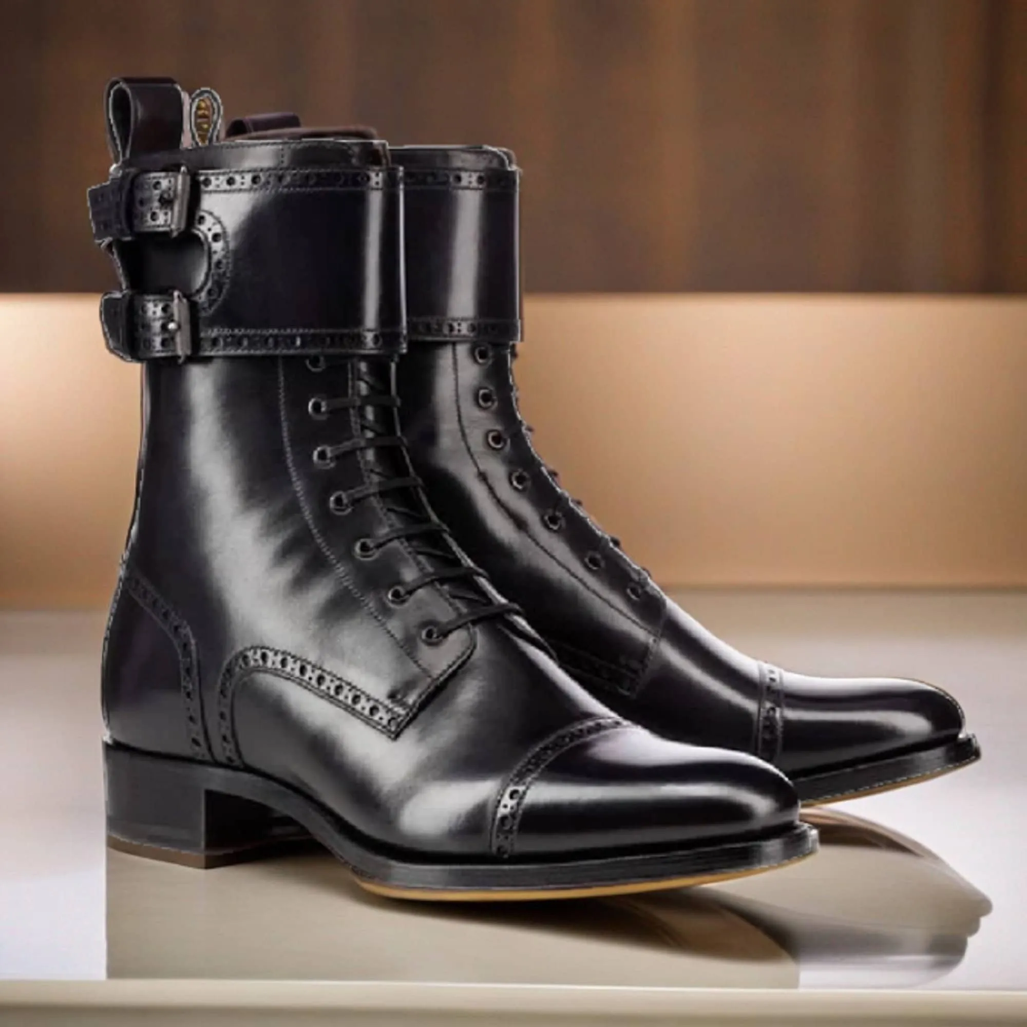 Double Buckle Charm: Men's Genuine Black Leather Ankle High Long Boots with Lace-Up Detail - Elevated Men's Style