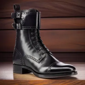 Double Buckle Charm: Men's Genuine Black Leather Ankle High Long Boots with Lace-Up Detail - Elevated Men's Style