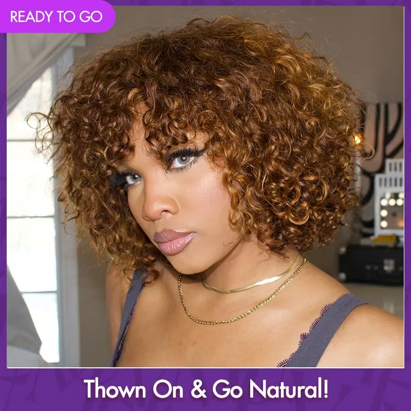 High-Density Messy Curly Wig with Bangs - Effortless Glueless Wear