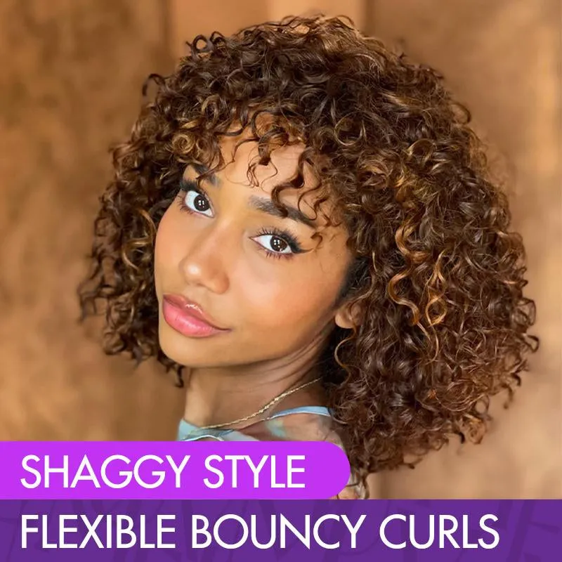 High-Density Messy Curly Wig with Bangs - Effortless Glueless Wear