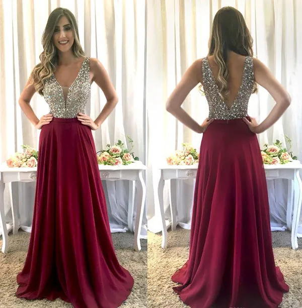 Luxury Burgundy Chiffon Beaded A-line V-neck Floor Length Prom Dresses on line, SP491