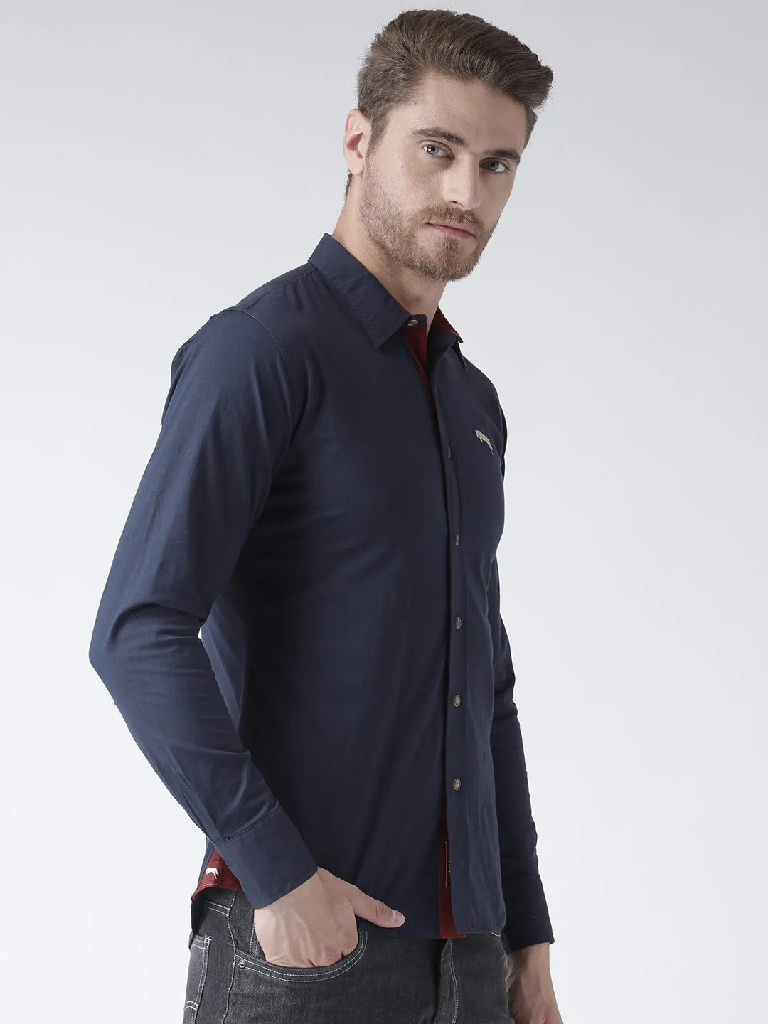 Men Navy Blue Solid Cotton Regular Fit Shirt