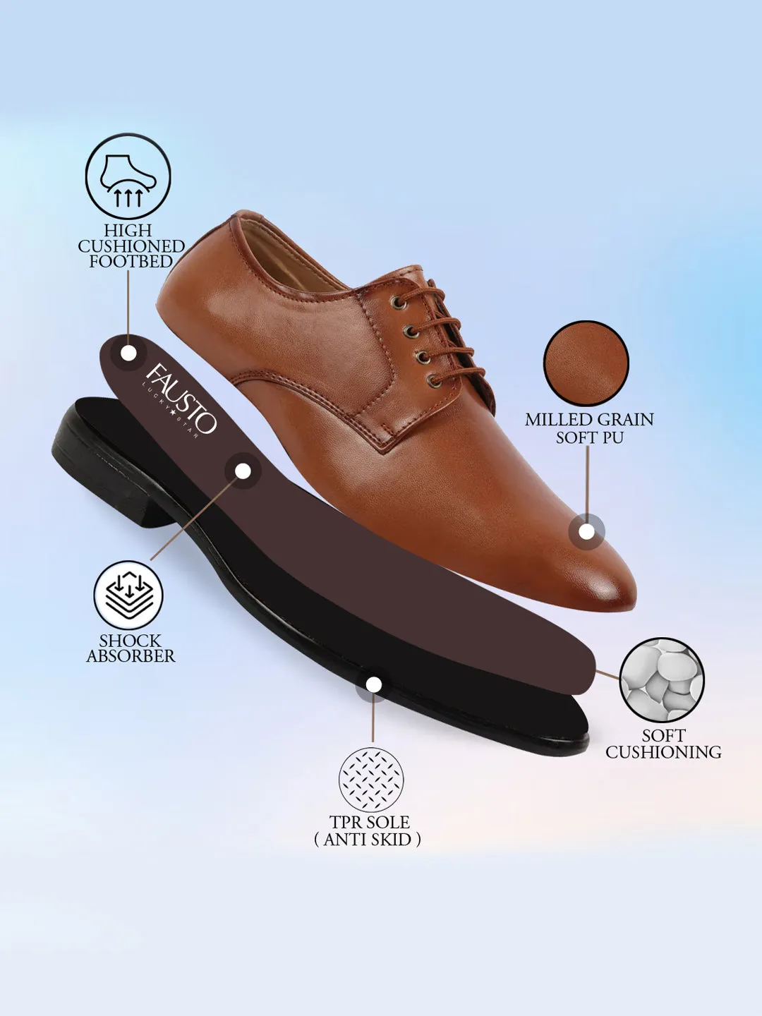 Men Tan Formal Dress Lace Up Derby Shoes With Cushioned Footbed For Office|Work