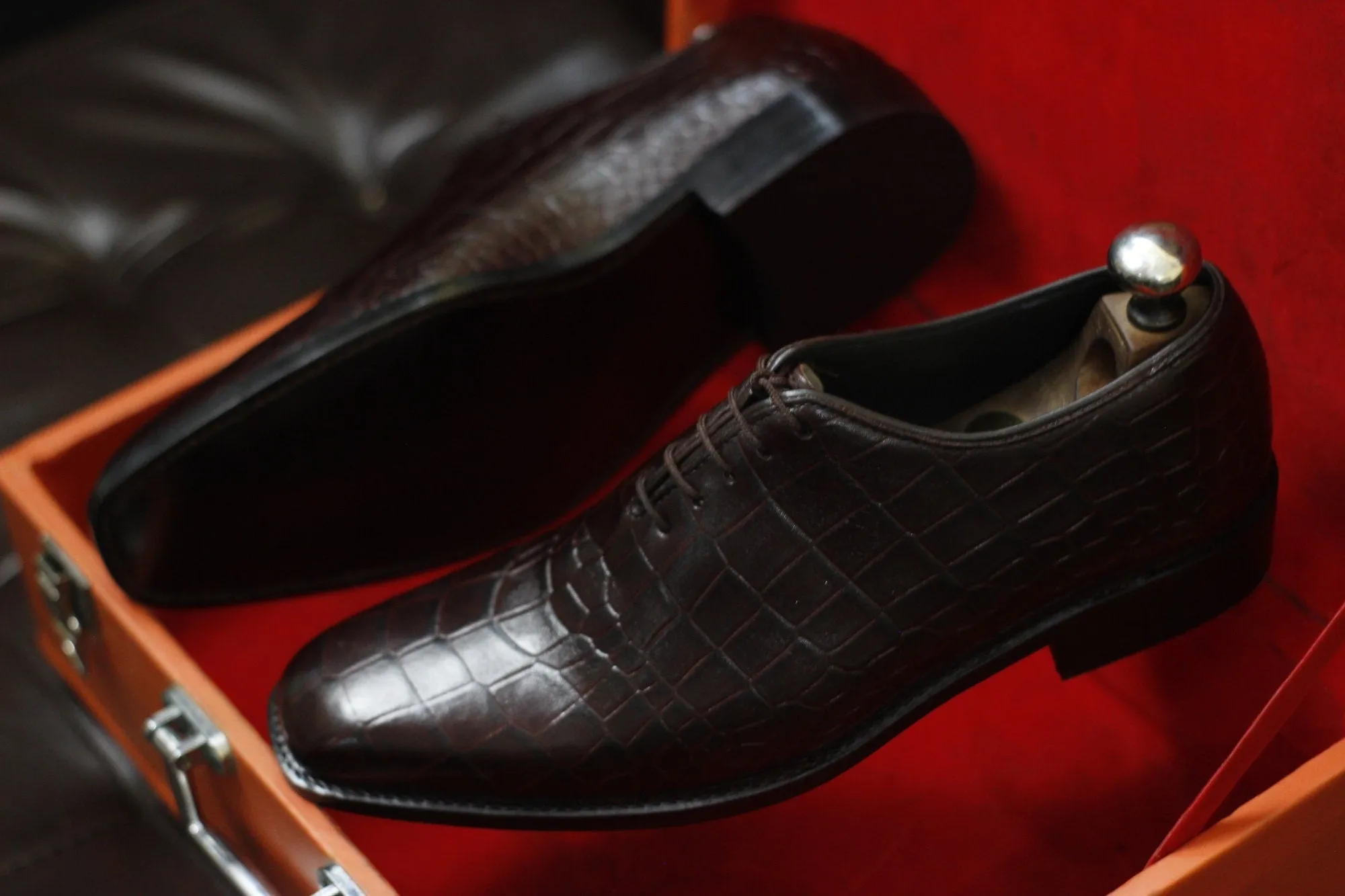 Men's New Handmade Formal Shoes Brown Crocodile Textured Leather Lace Up Stylish Dress & Casual Wear Shoes