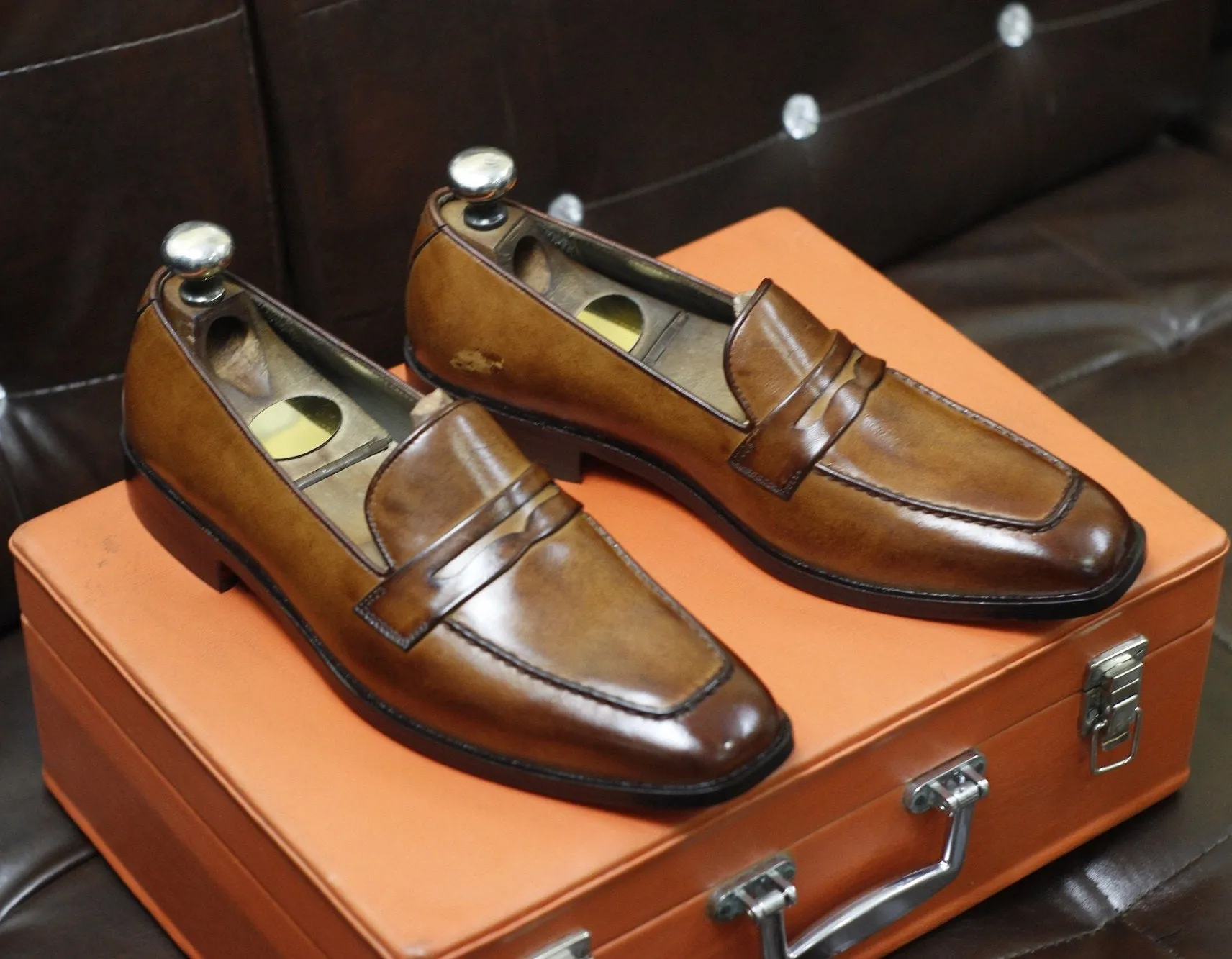 New Men's Handmade Formal Shoes Tan Brown Leather Slip On Stylish Loafer Moccasin Shoes