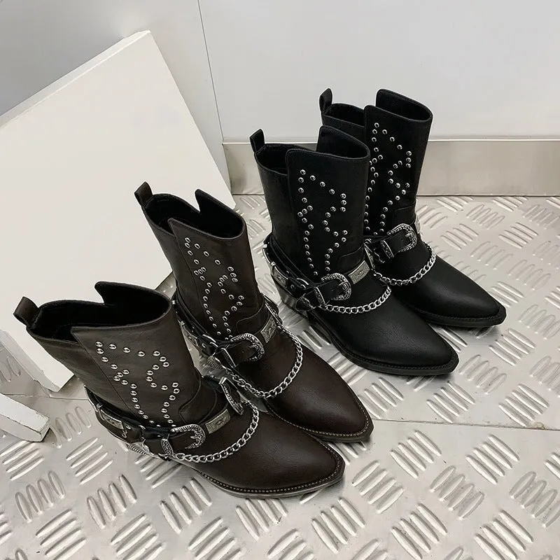 Rivet-embellishment Belted Western Boots Block Heel Leather Short Boots in Black/Brown