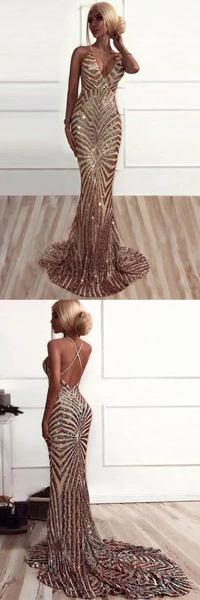 Shining Rose Gold Mermaid V-neck Backless Sequined Sweep Train Prom Dresses, SP484