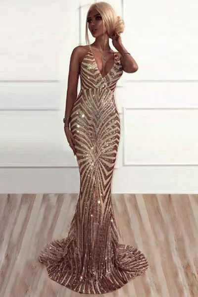 Shining Rose Gold Mermaid V-neck Backless Sequined Sweep Train Prom Dresses, SP484