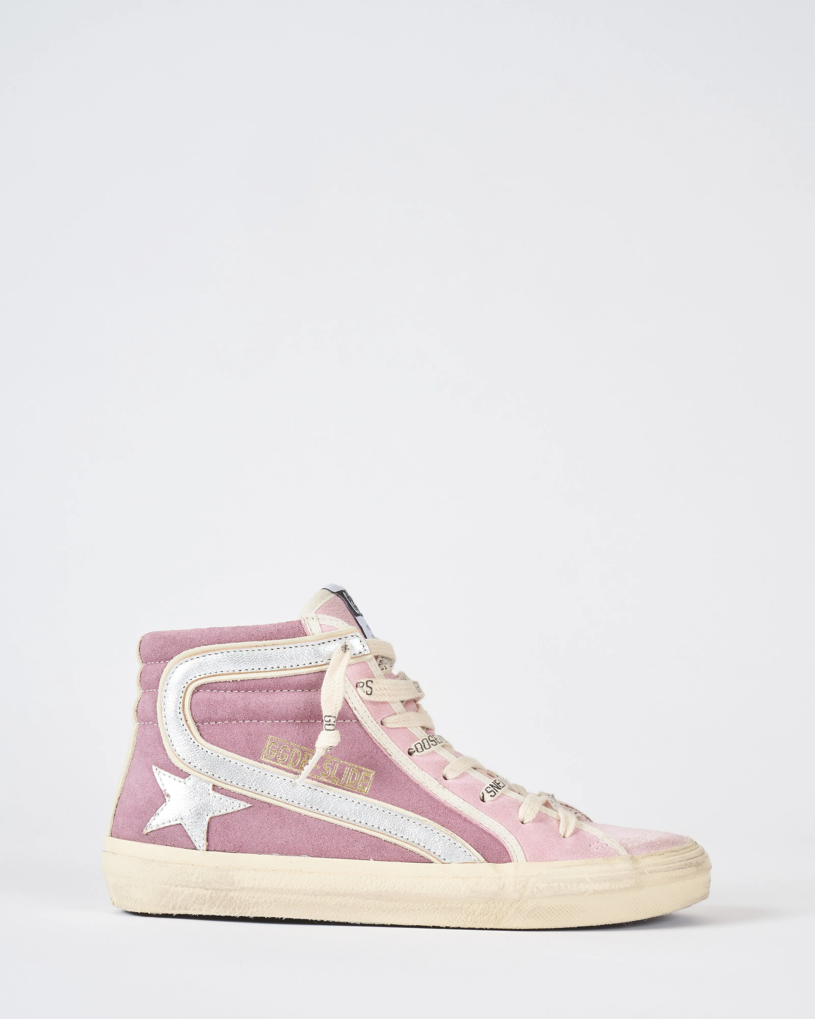 slide suede upper with trims laminated star and wave leather heel - violet/silver/ivory