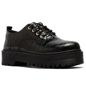 SOBEYO Women's Platform Oxford Lace-up 4 Eyelets Shoes Black Crocco
