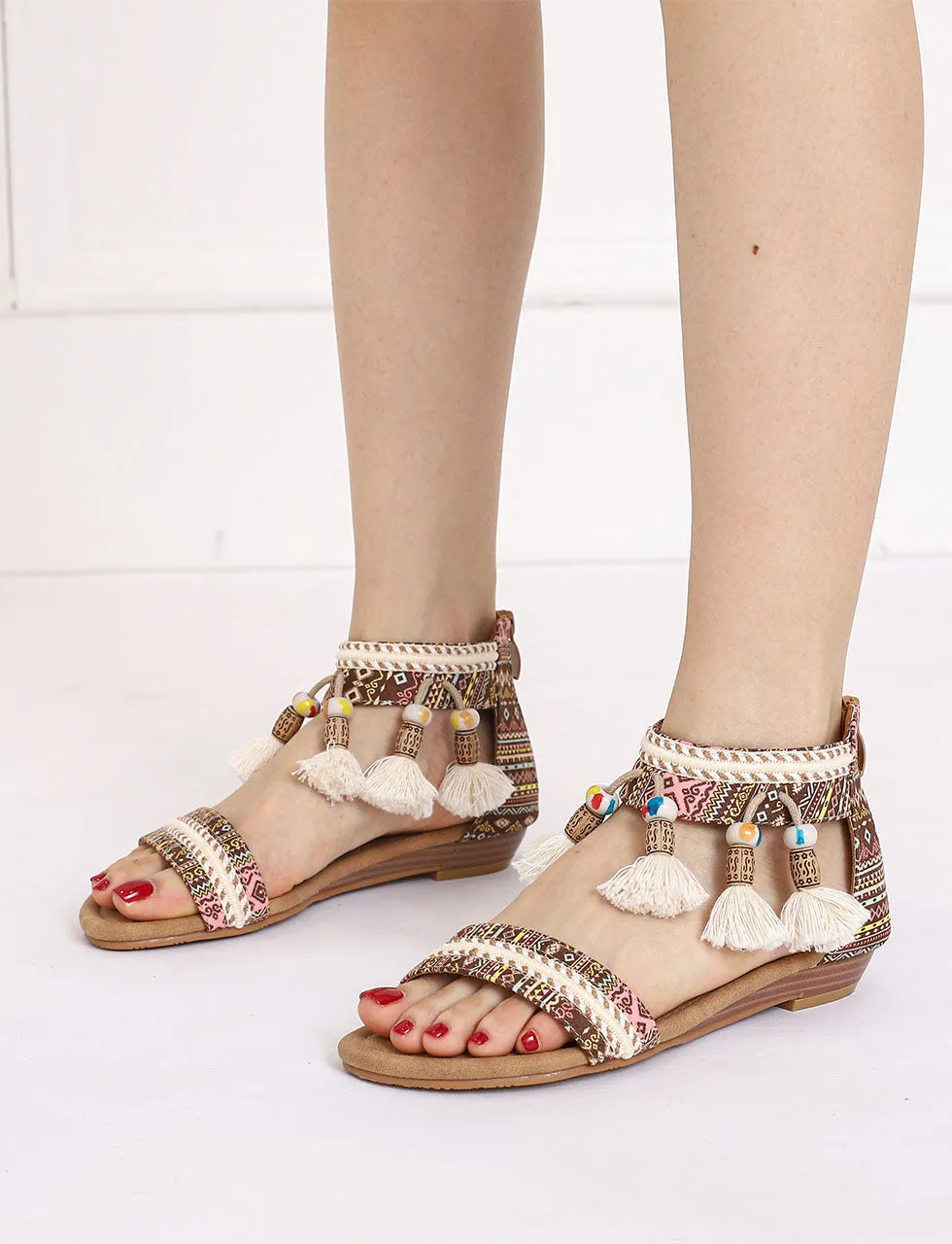 Solid Color Tassel Close Back Flip Flops Roman Sandals Boho Gladiator Sandals for Women