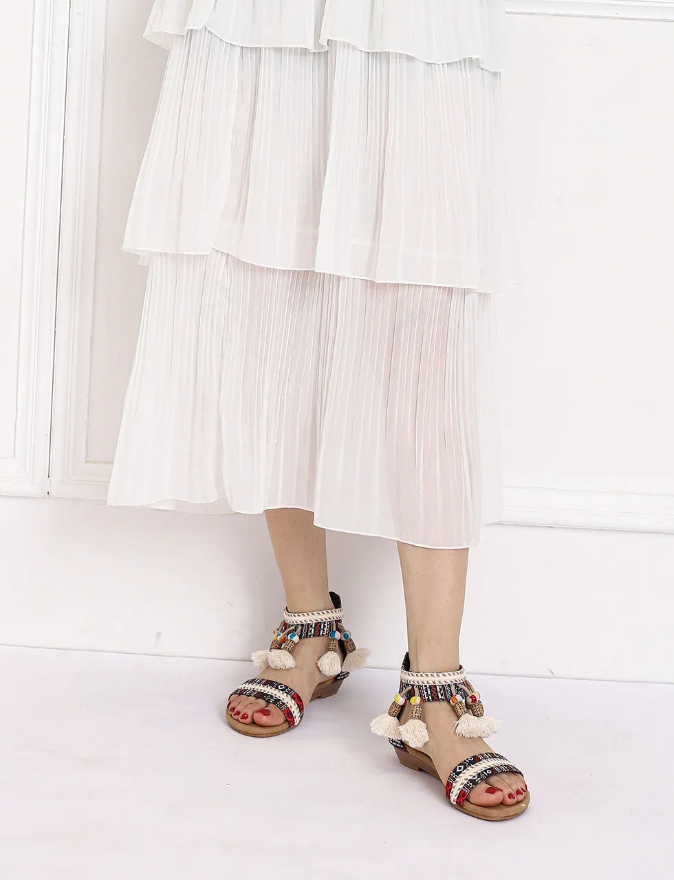 Solid Color Tassel Close Back Flip Flops Roman Sandals Boho Gladiator Sandals for Women