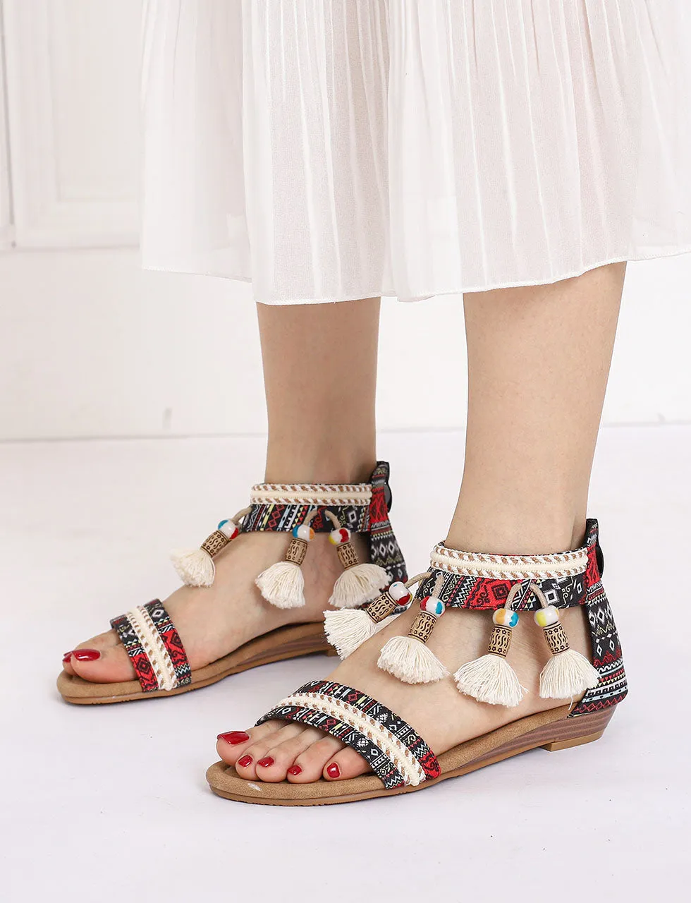 Solid Color Tassel Close Back Flip Flops Roman Sandals Boho Gladiator Sandals for Women