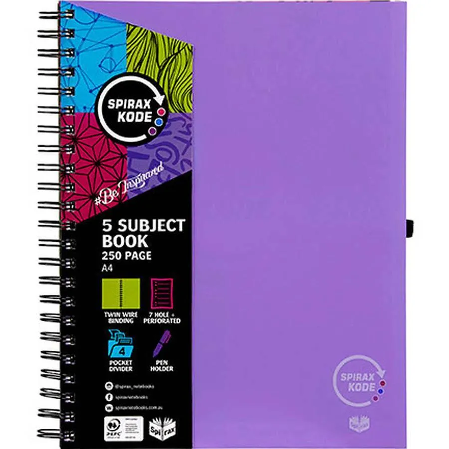 Spirax P960 Kode 5-Subject Notebook Spiral Bound 250 Page A4 Purple