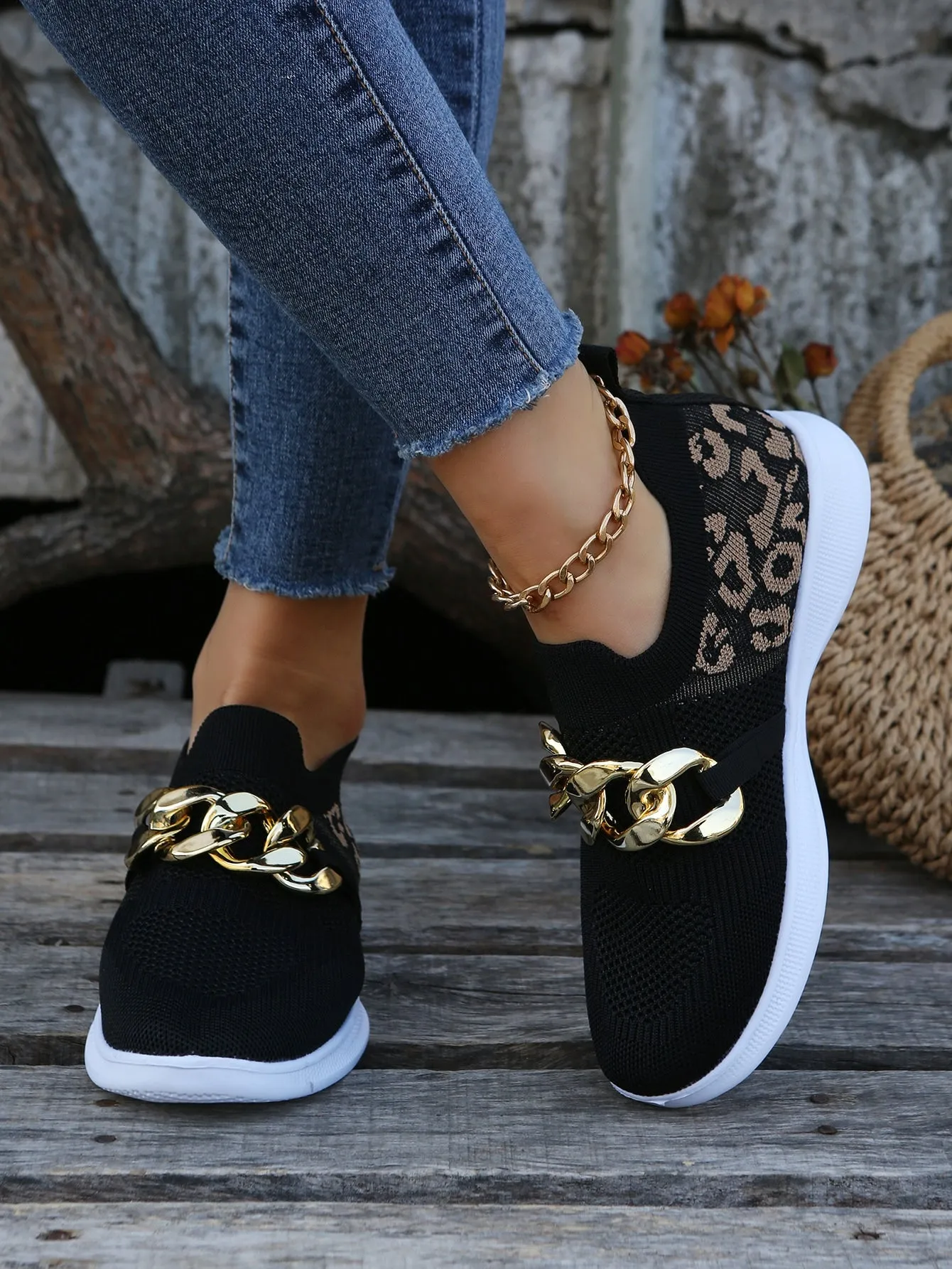 Sporty Running Shoes For Women, Leopard Pattern Chain Decor Fabric Sneakers