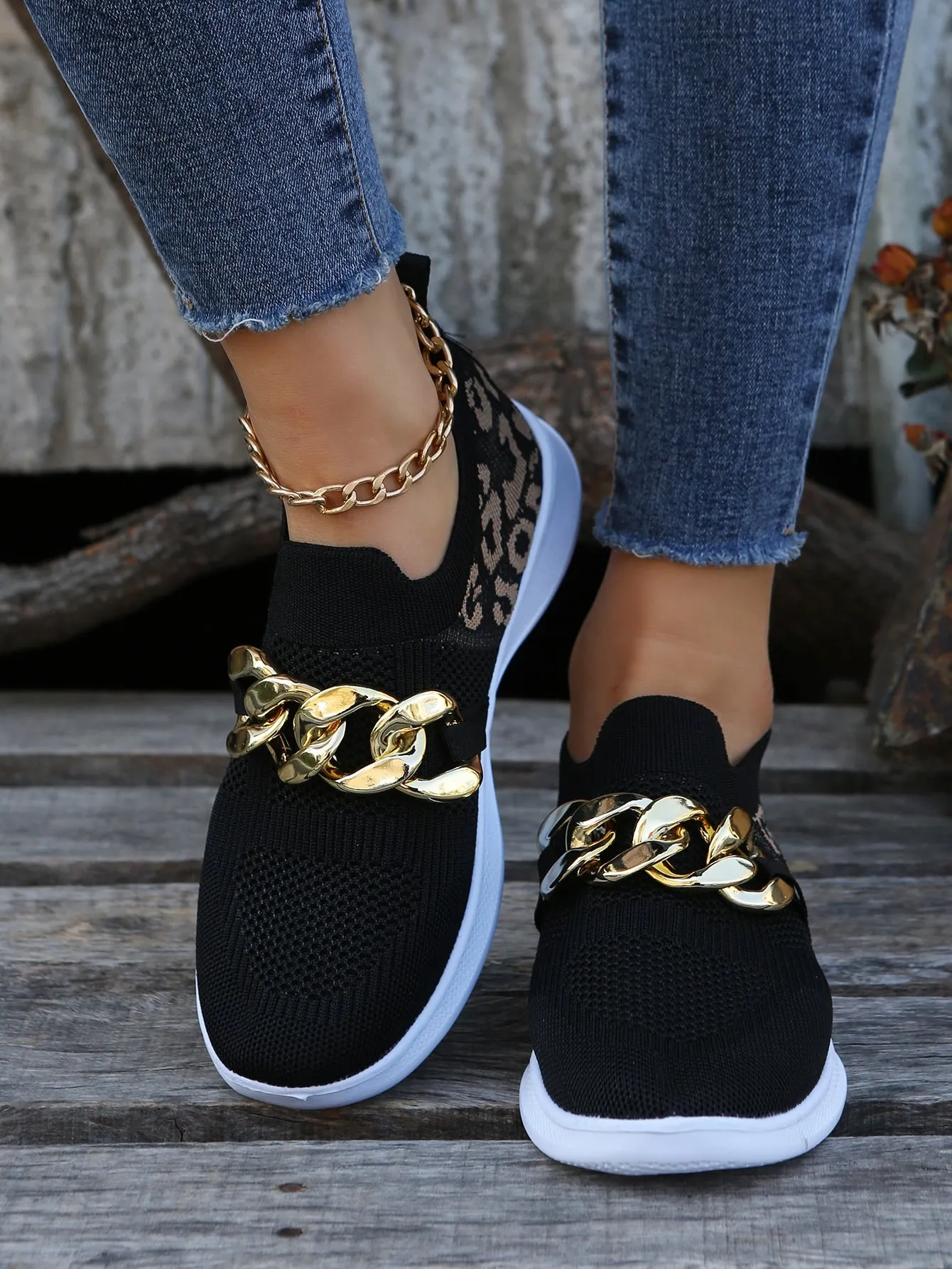 Sporty Running Shoes For Women, Leopard Pattern Chain Decor Fabric Sneakers