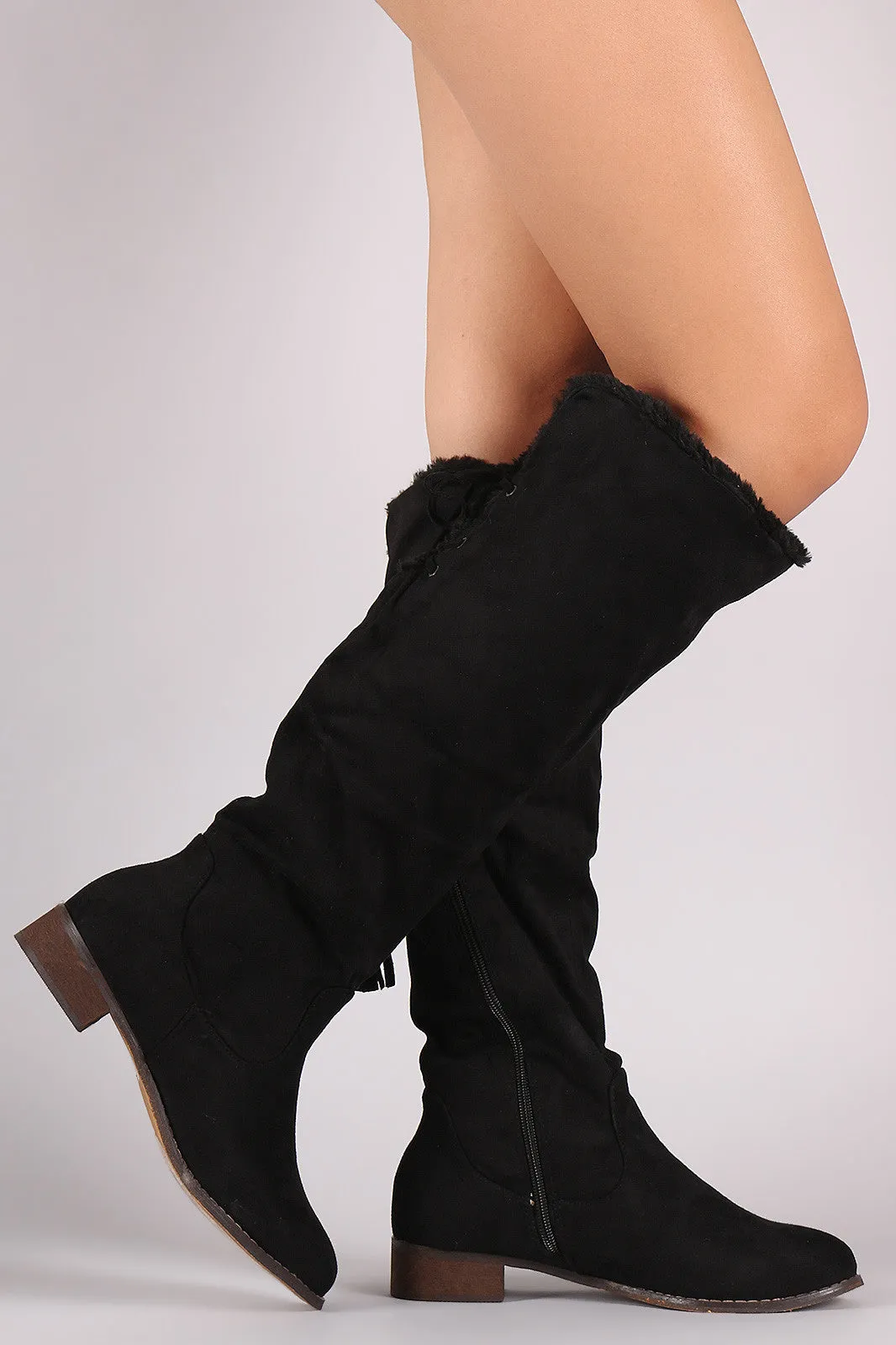 Suede Tassel Lace-Up Fur Cuff Riding Knee High Boots