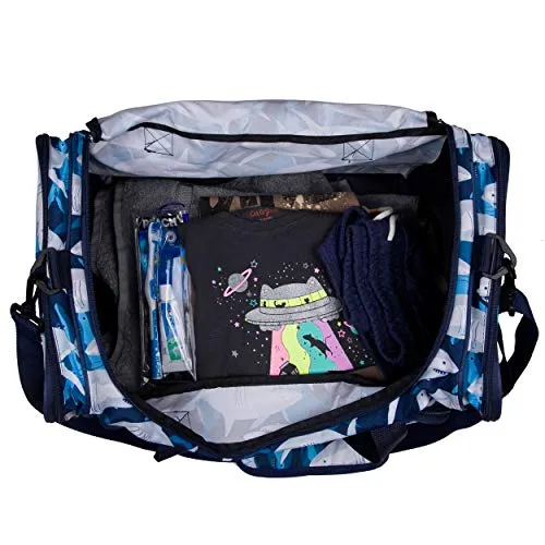 Wildkin Kids Weekender Duffel Bag for Boys and Girls, Carry-On Size and Perfect for Weekend or Overnight Travel, 600-Denier Polyester Fabric Duffel Bags Measures 22 x 12 x 12 Inches (Sharks)