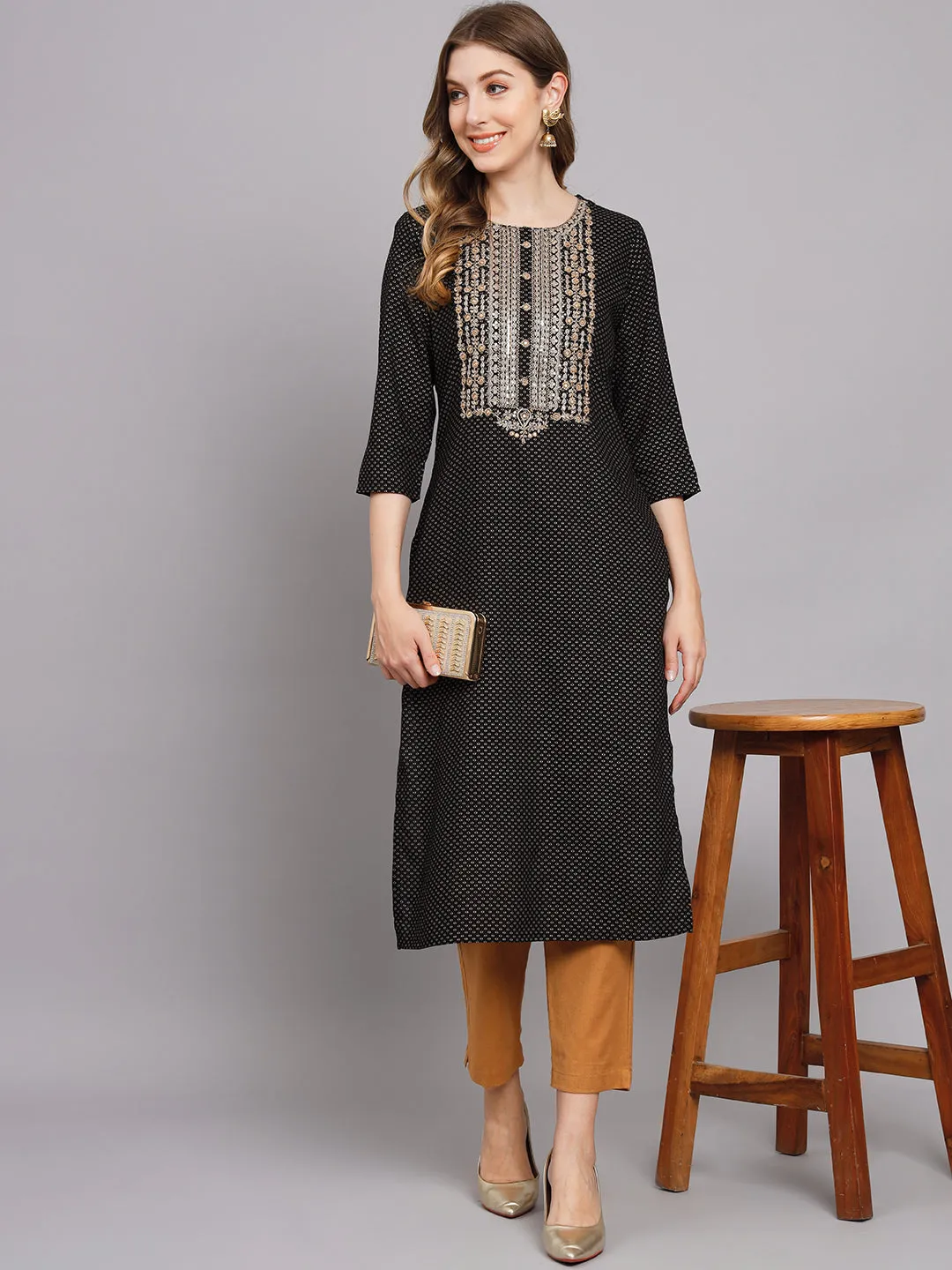 Women's Black Rayon Straight Kurta