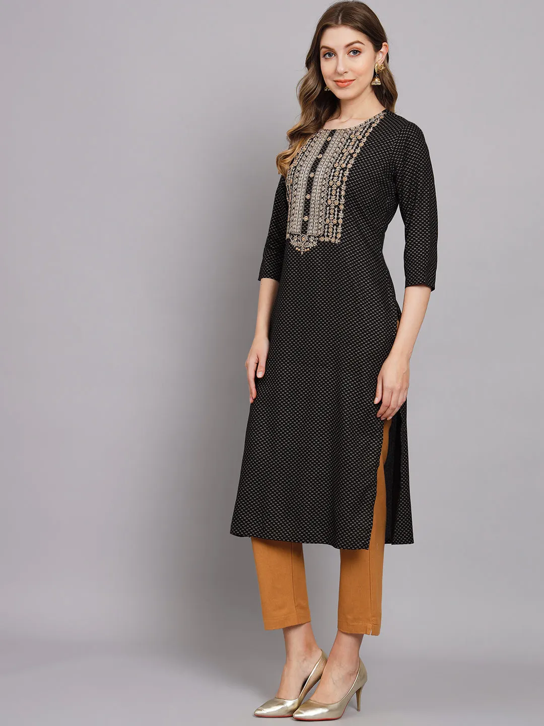 Women's Black Rayon Straight Kurta