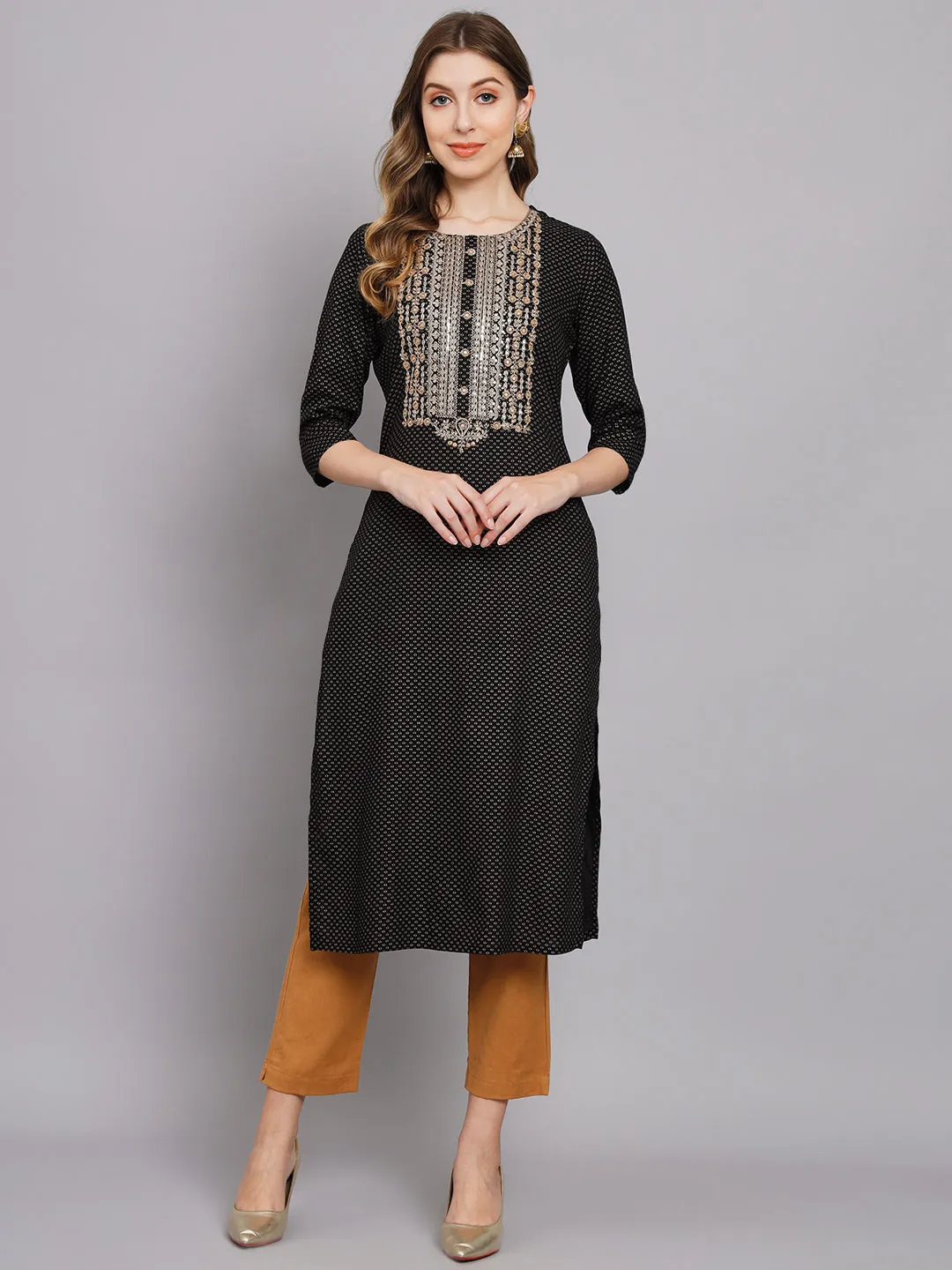 Women's Black Rayon Straight Kurta