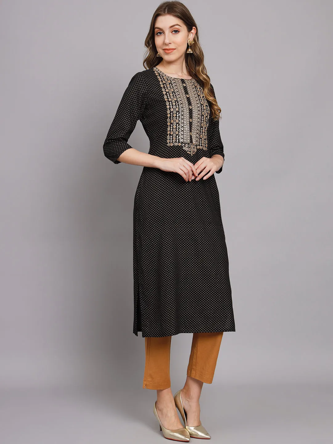 Women's Black Rayon Straight Kurta