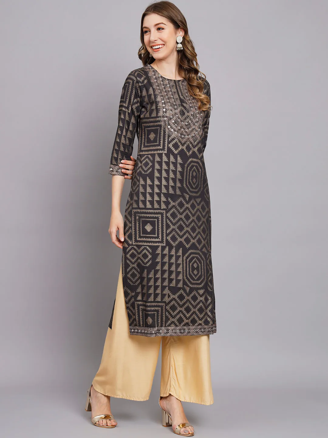 Women's Grey Rayon Straight Kurta