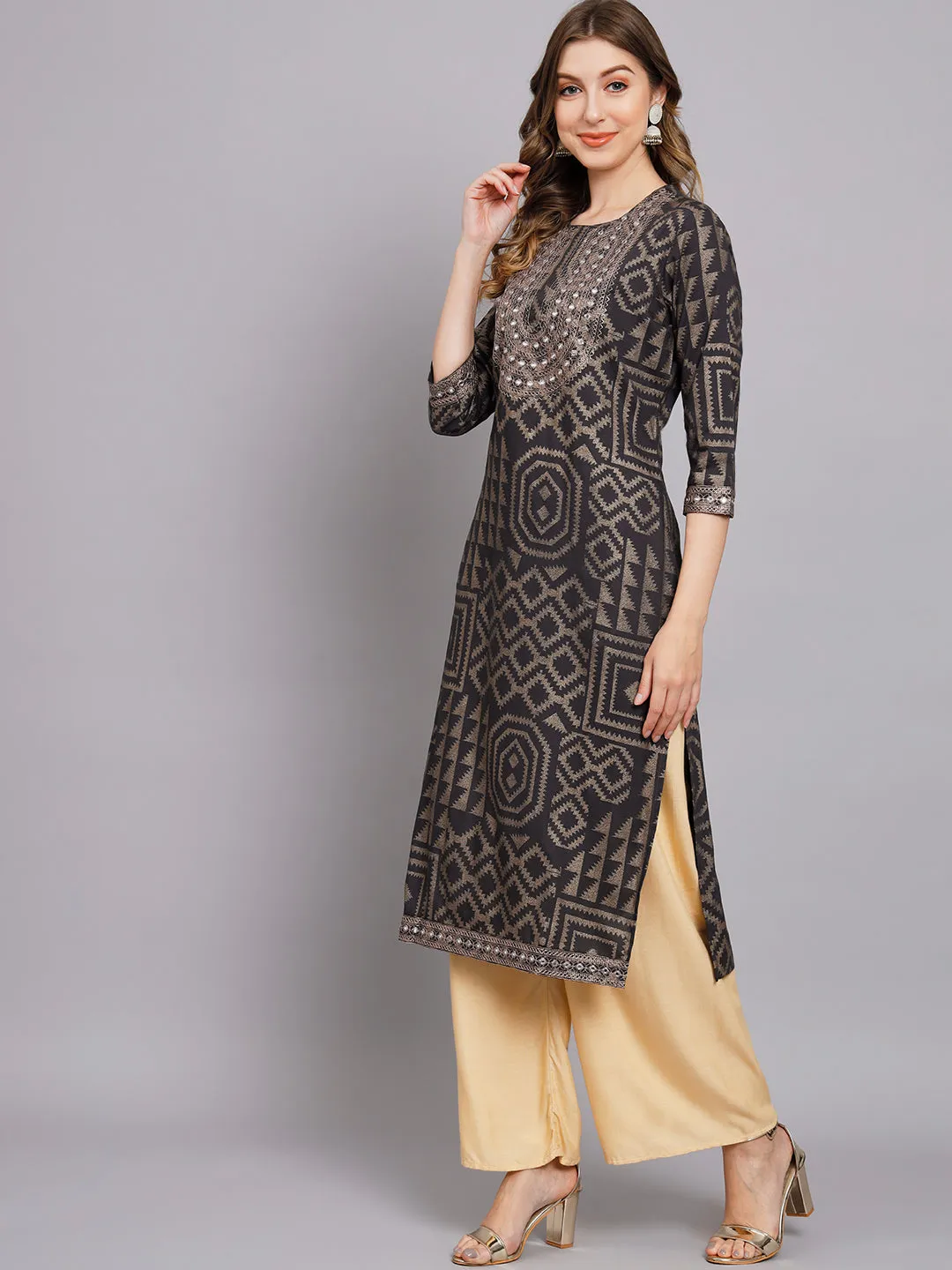 Women's Grey Rayon Straight Kurta