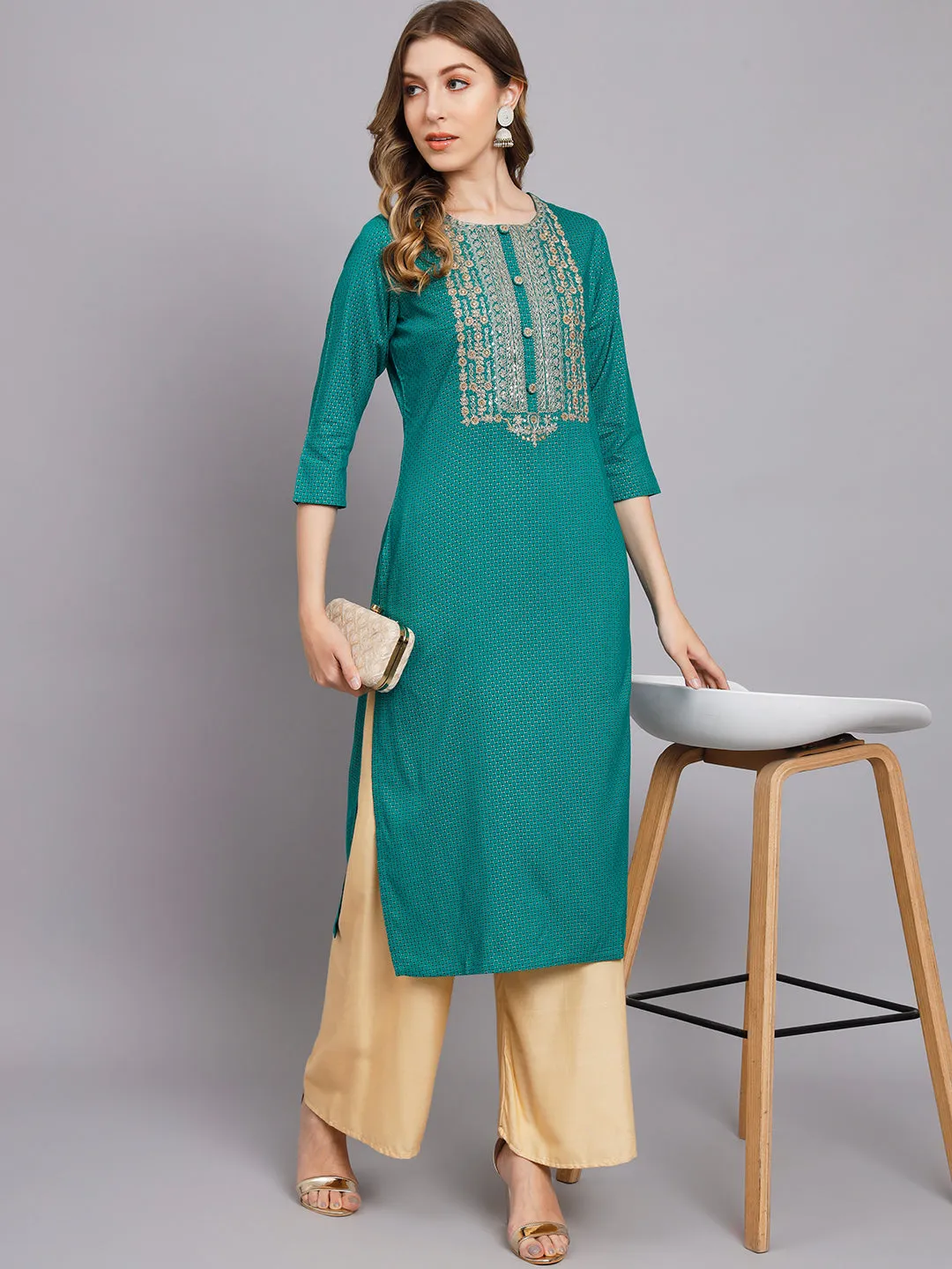 Women's Turquoise Rayon Straight Kurta