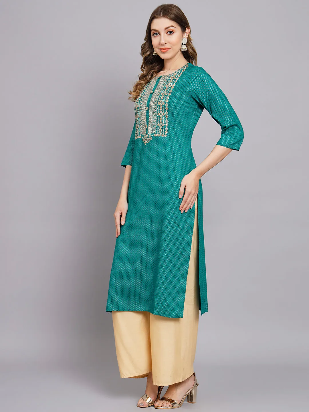 Women's Turquoise Rayon Straight Kurta